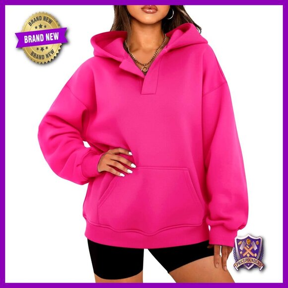 Sweaters - Oversized Fleece Hoodie with Kangaroo Pocket, Drop Shoulder, V-Neck